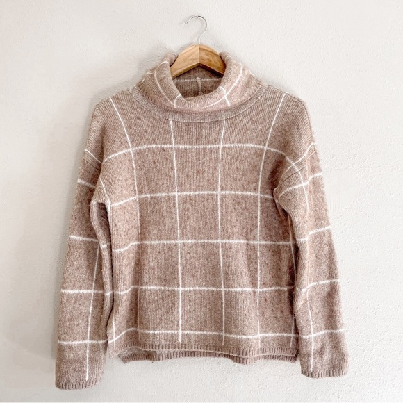 Madewell | Windowpane Wool Blend Neutral Turtleneck Sweater - Picture 1 of 14